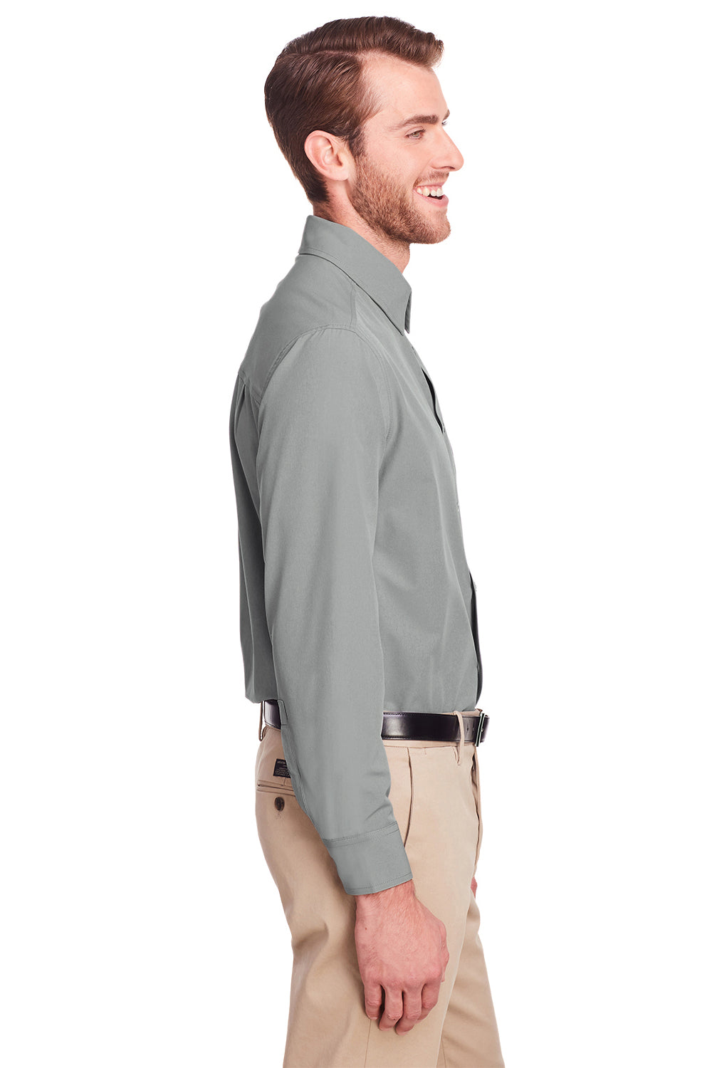 UltraClub UC500 Mens Bradley Performance Moisture Wicking Long Sleeve Button Down Shirt w/ Pocket Silver Grey Model Side