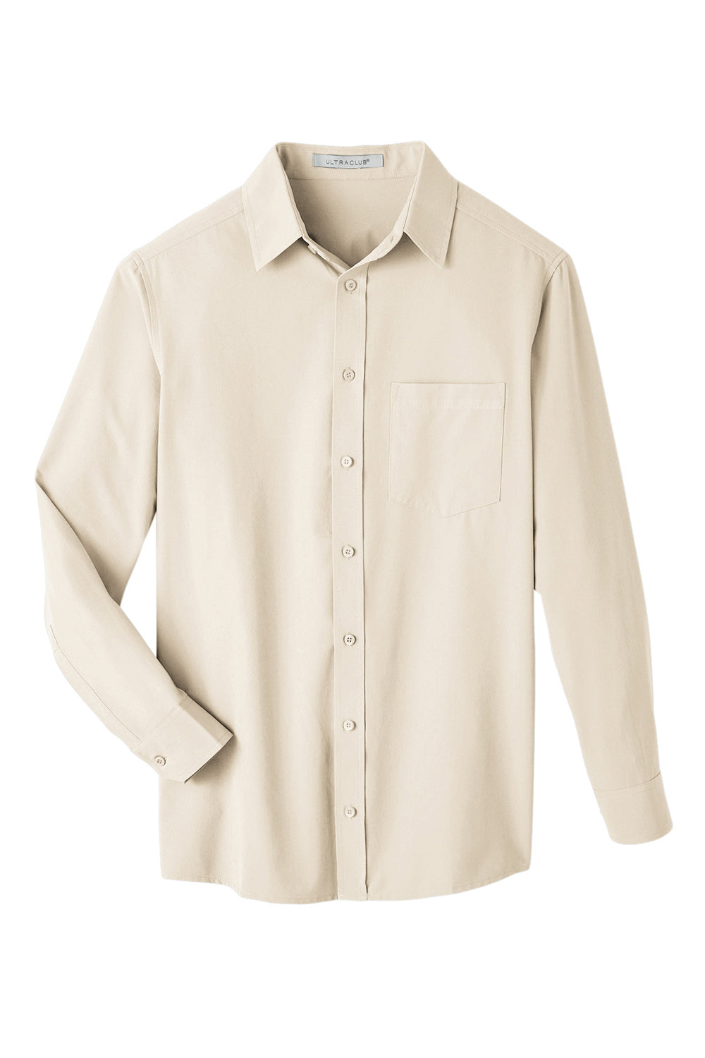 UltraClub UC500 Mens Bradley Performance Moisture Wicking Long Sleeve Button Down Shirt w/ Pocket Stone Flat Front