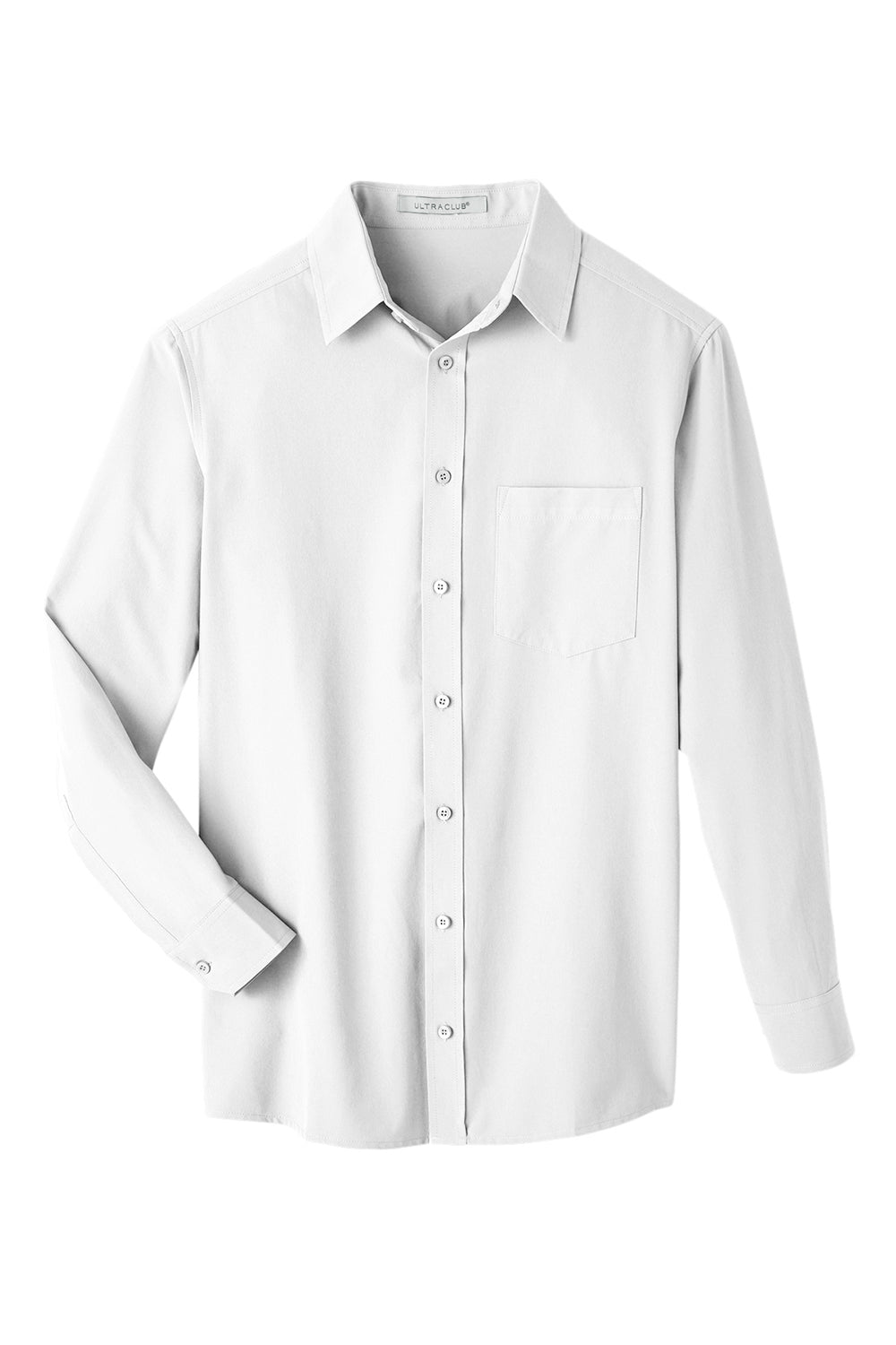 UltraClub UC500 Mens Bradley Performance Moisture Wicking Long Sleeve Button Down Shirt w/ Pocket White Flat Front