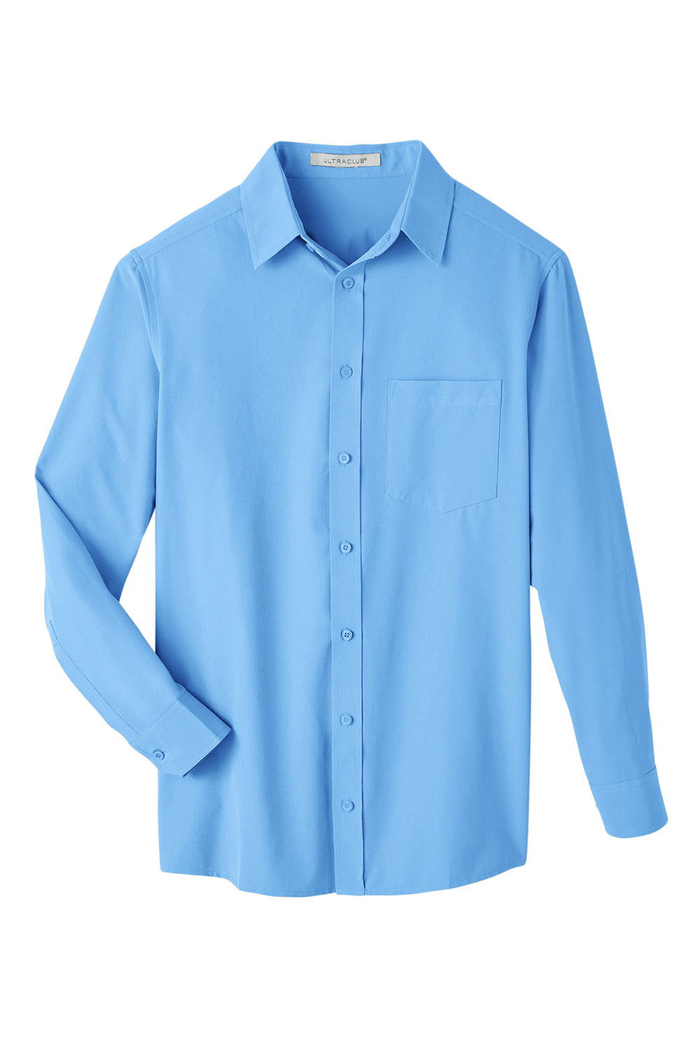 UltraClub UC500 Mens Bradley Performance Moisture Wicking Long Sleeve Button Down Shirt w/ Pocket Columbia Blue Flat Front