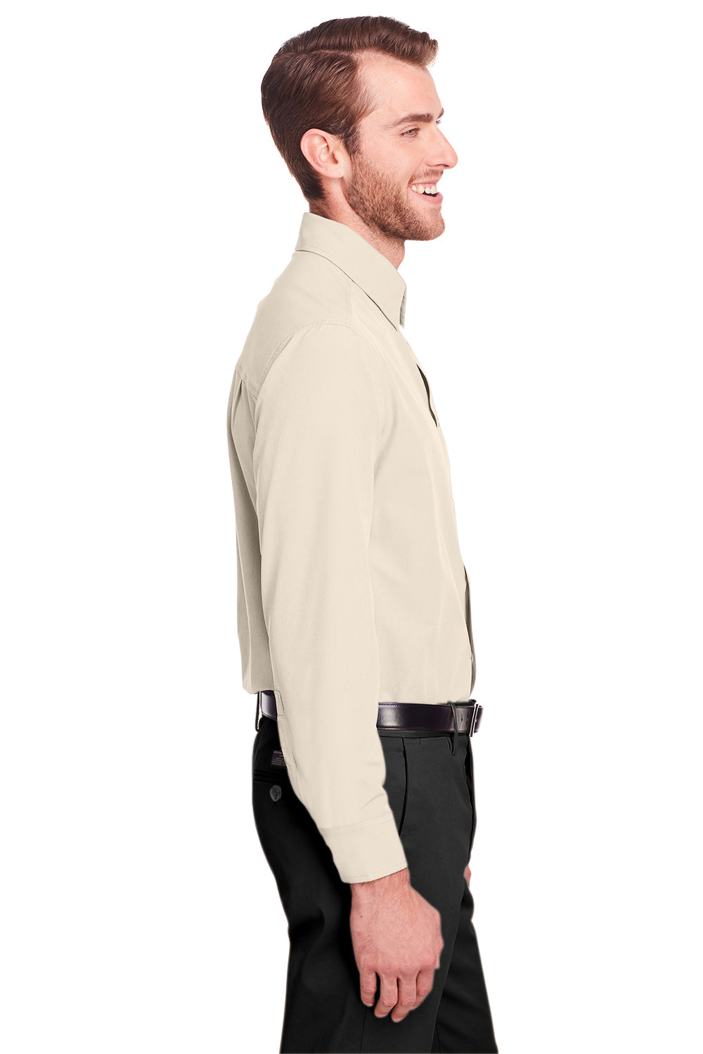 UltraClub UC500 Mens Bradley Performance Moisture Wicking Long Sleeve Button Down Shirt w/ Pocket Stone Model Side