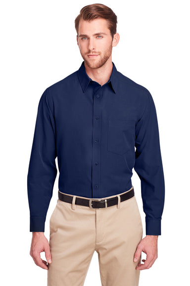 UltraClub UC500 Mens Bradley Performance Moisture Wicking Long Sleeve Button Down Shirt w/ Pocket Navy Blue Model Front