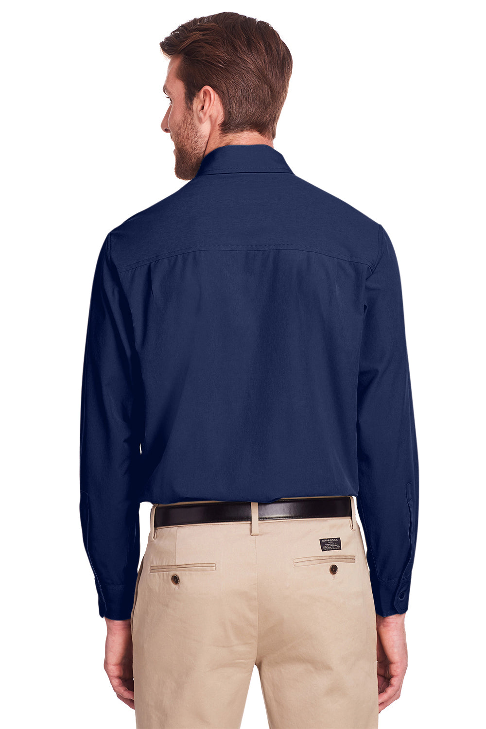 UltraClub UC500 Mens Bradley Performance Moisture Wicking Long Sleeve Button Down Shirt w/ Pocket Navy Blue Model Back