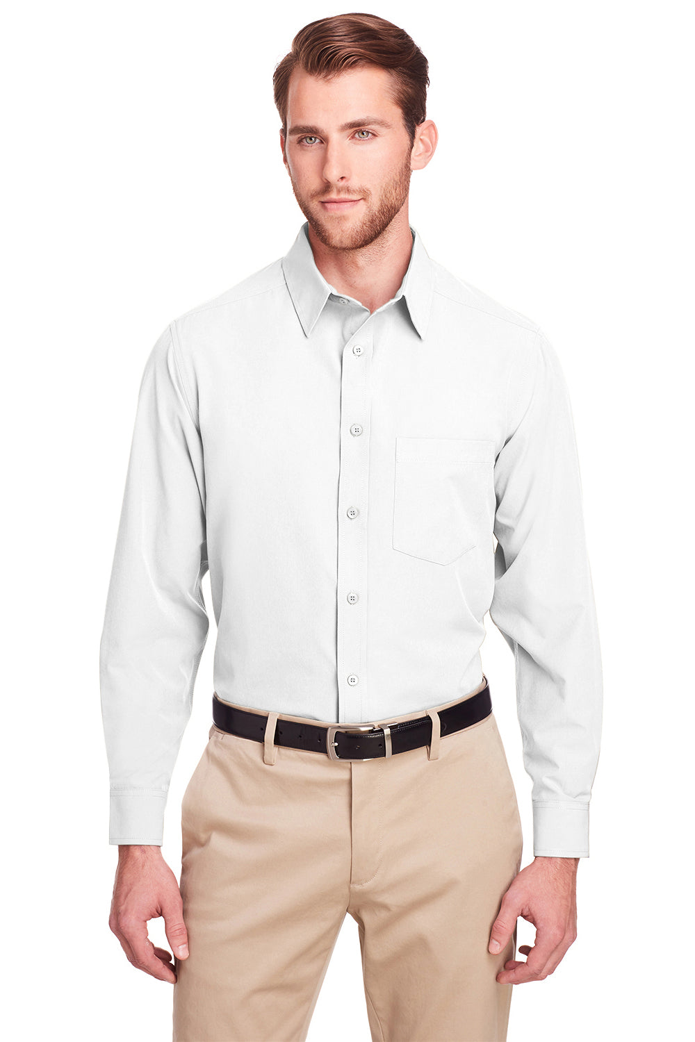 UltraClub UC500 Mens Bradley Performance Moisture Wicking Long Sleeve Button Down Shirt w/ Pocket White Model Front