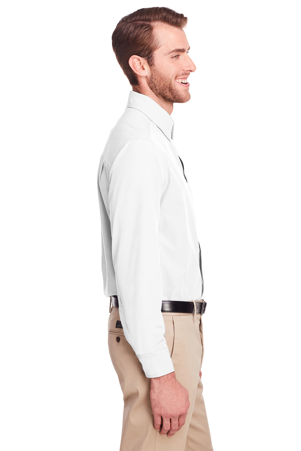 UltraClub UC500 Mens Bradley Performance Moisture Wicking Long Sleeve Button Down Shirt w/ Pocket White Model Side