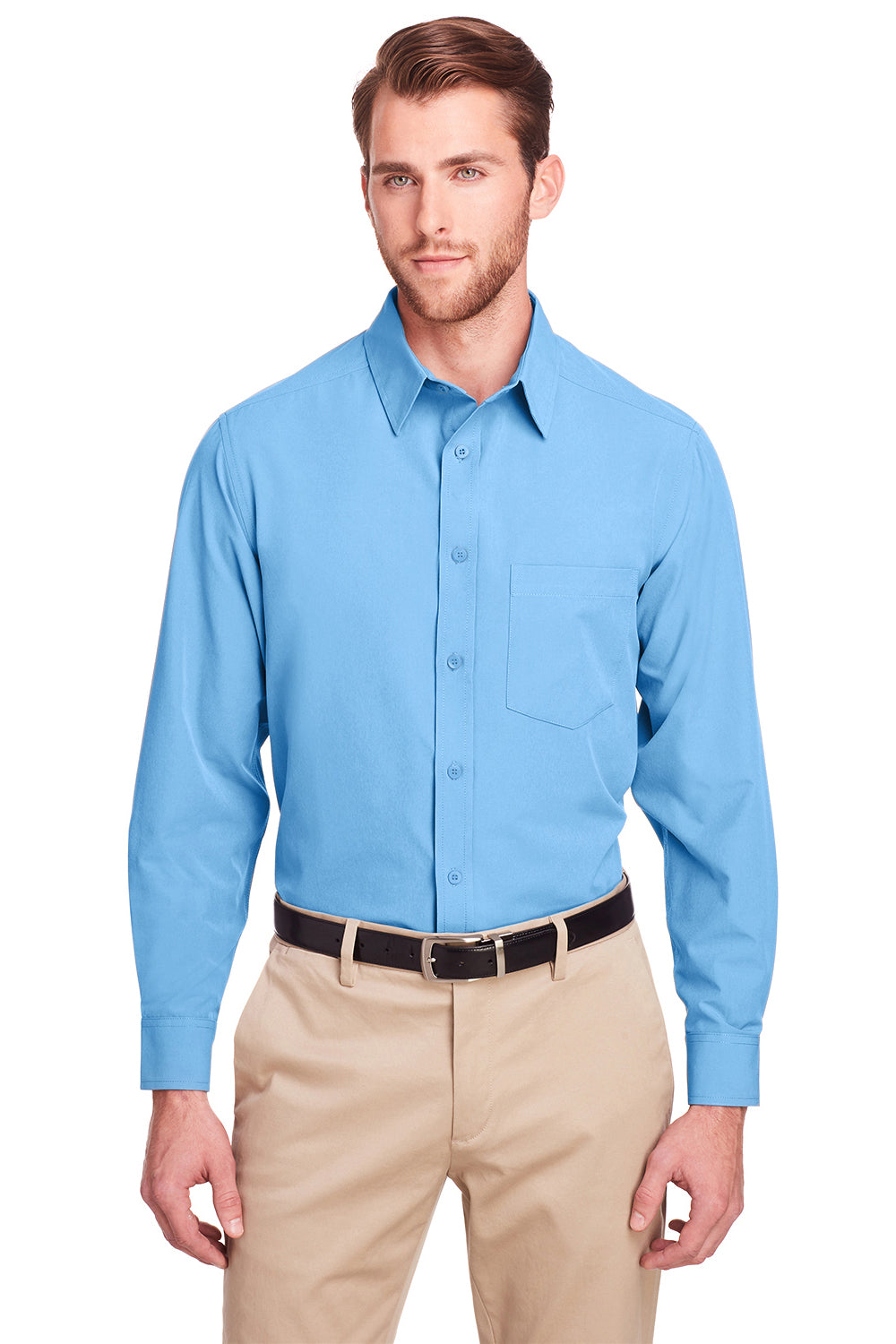 UltraClub UC500 Mens Bradley Performance Moisture Wicking Long Sleeve Button Down Shirt w/ Pocket Columbia Blue Model Front