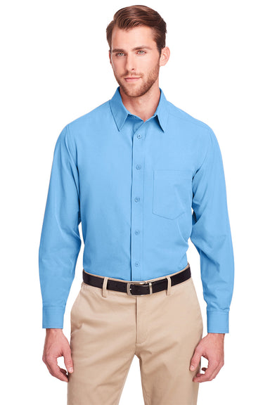 UltraClub UC500 Mens Bradley Performance Moisture Wicking Long Sleeve Button Down Shirt w/ Pocket Columbia Blue Model Front