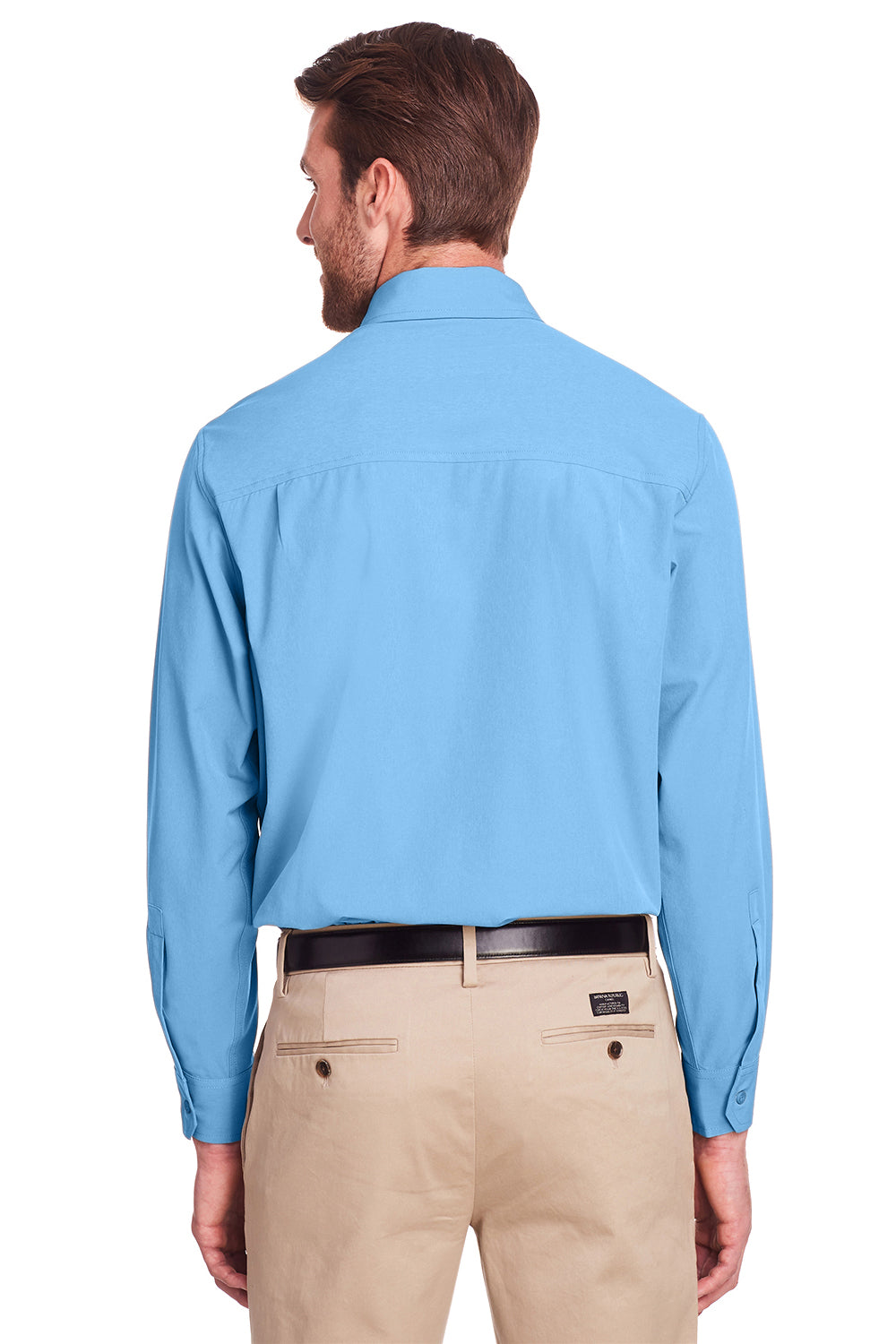 UltraClub UC500 Mens Bradley Performance Moisture Wicking Long Sleeve Button Down Shirt w/ Pocket Columbia Blue Model Back