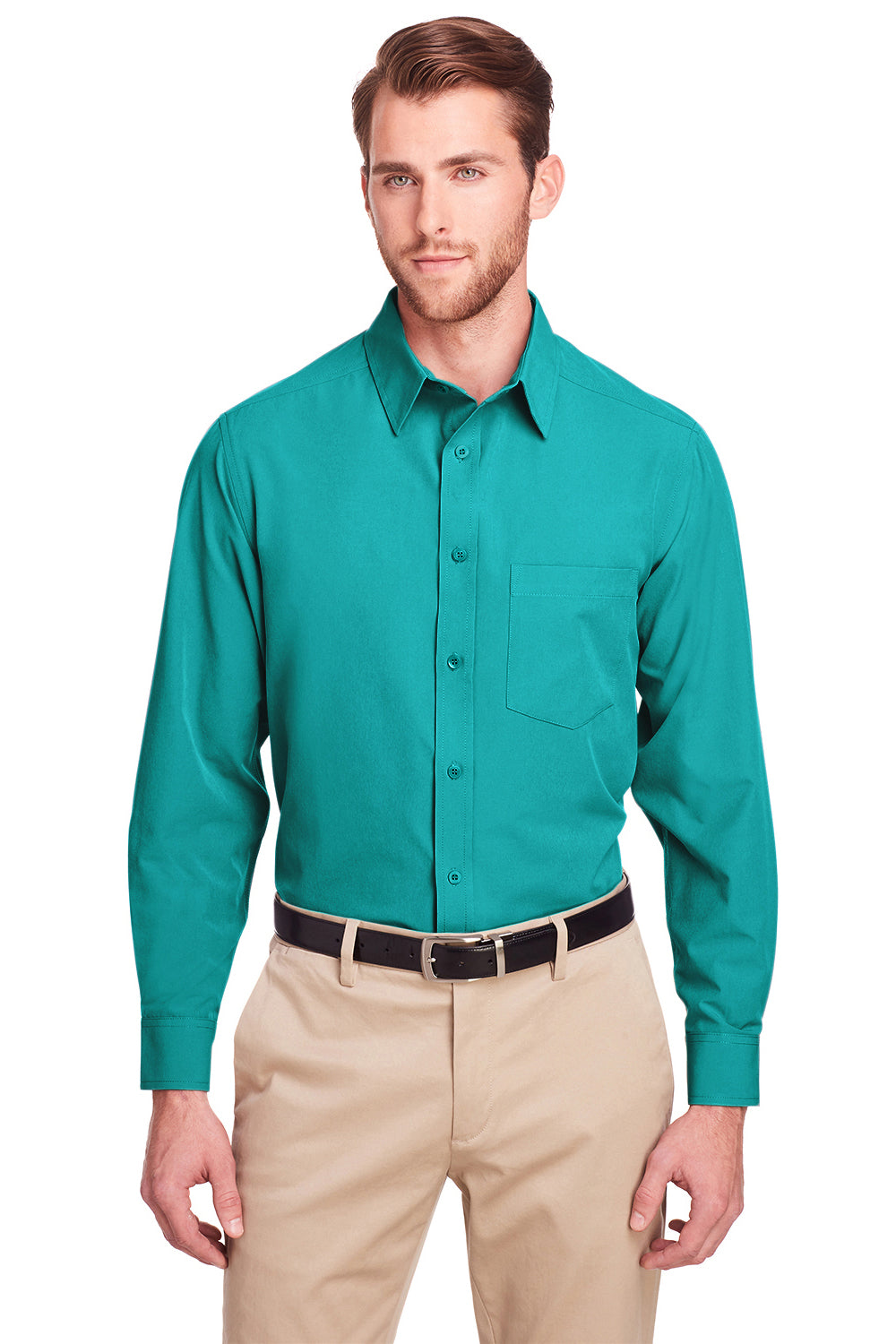 UltraClub UC500 Mens Bradley Performance Moisture Wicking Long Sleeve Button Down Shirt w/ Pocket Jade Green Model Front