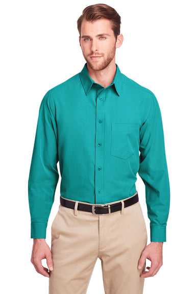 UltraClub UC500 Mens Bradley Performance Moisture Wicking Long Sleeve Button Down Shirt w/ Pocket Jade Green Model Front