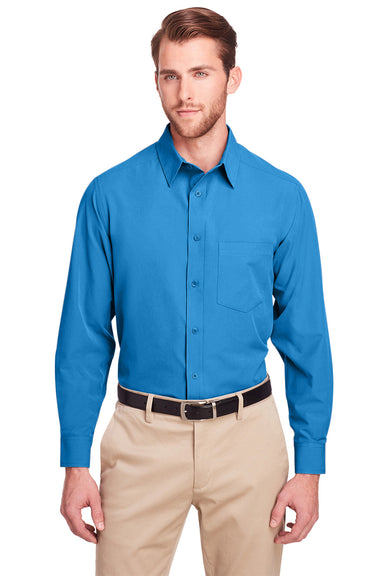 UltraClub UC500 Mens Bradley Performance Moisture Wicking Long Sleeve Button Down Shirt w/ Pocket Pacific Blue Model Front