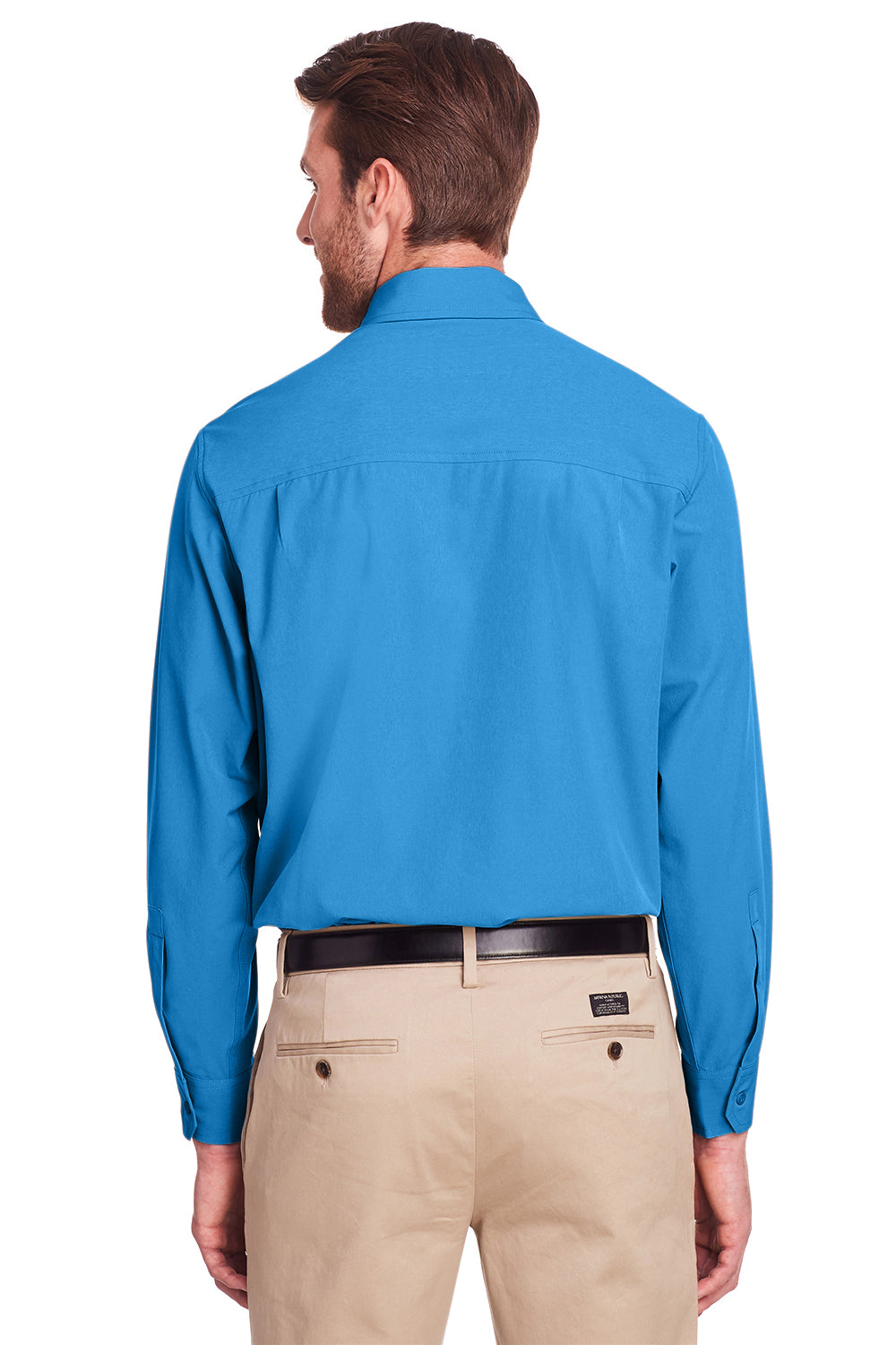 UltraClub UC500 Mens Bradley Performance Moisture Wicking Long Sleeve Button Down Shirt w/ Pocket Pacific Blue Model Back