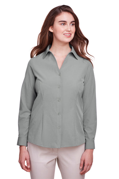 UltraClub UC500W Womens Bradley Performance Moisture Wicking Long Sleeve Button Down Shirt Silver Grey Model Front