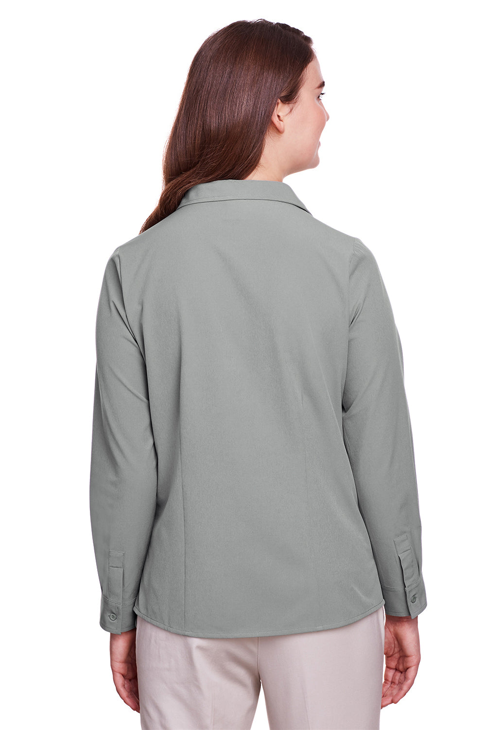 UltraClub UC500W Womens Bradley Performance Moisture Wicking Long Sleeve Button Down Shirt Silver Grey Model Back