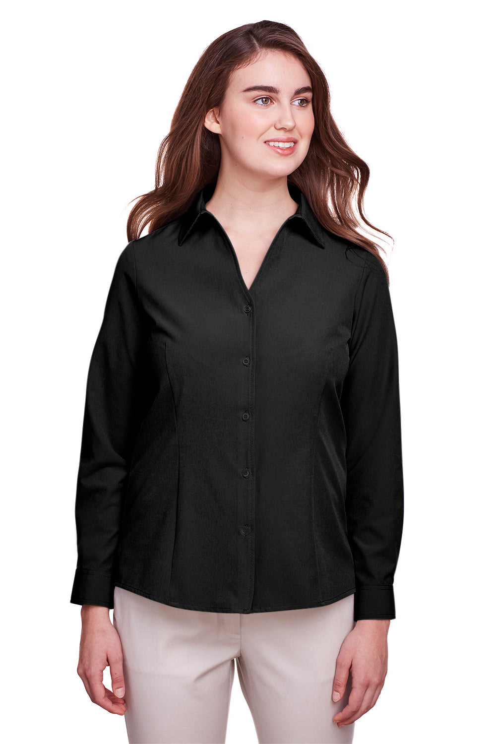 UltraClub UC500W Womens Bradley Performance Moisture Wicking Long Sleeve Button Down Shirt Black Model Front