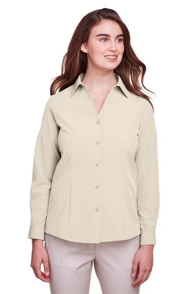 UltraClub UC500W Womens Bradley Performance Moisture Wicking Long Sleeve Button Down Shirt Stone Model Front