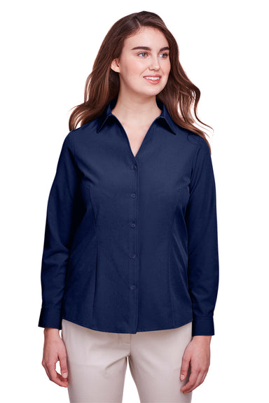 UltraClub UC500W Womens Bradley Performance Moisture Wicking Long Sleeve Button Down Shirt Navy Blue Model Front