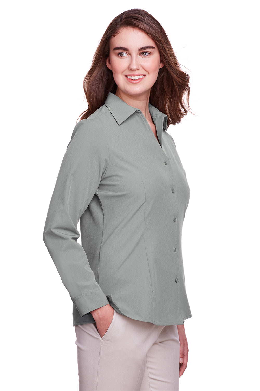 UltraClub UC500W Womens Bradley Performance Moisture Wicking Long Sleeve Button Down Shirt Silver Grey Model 3q