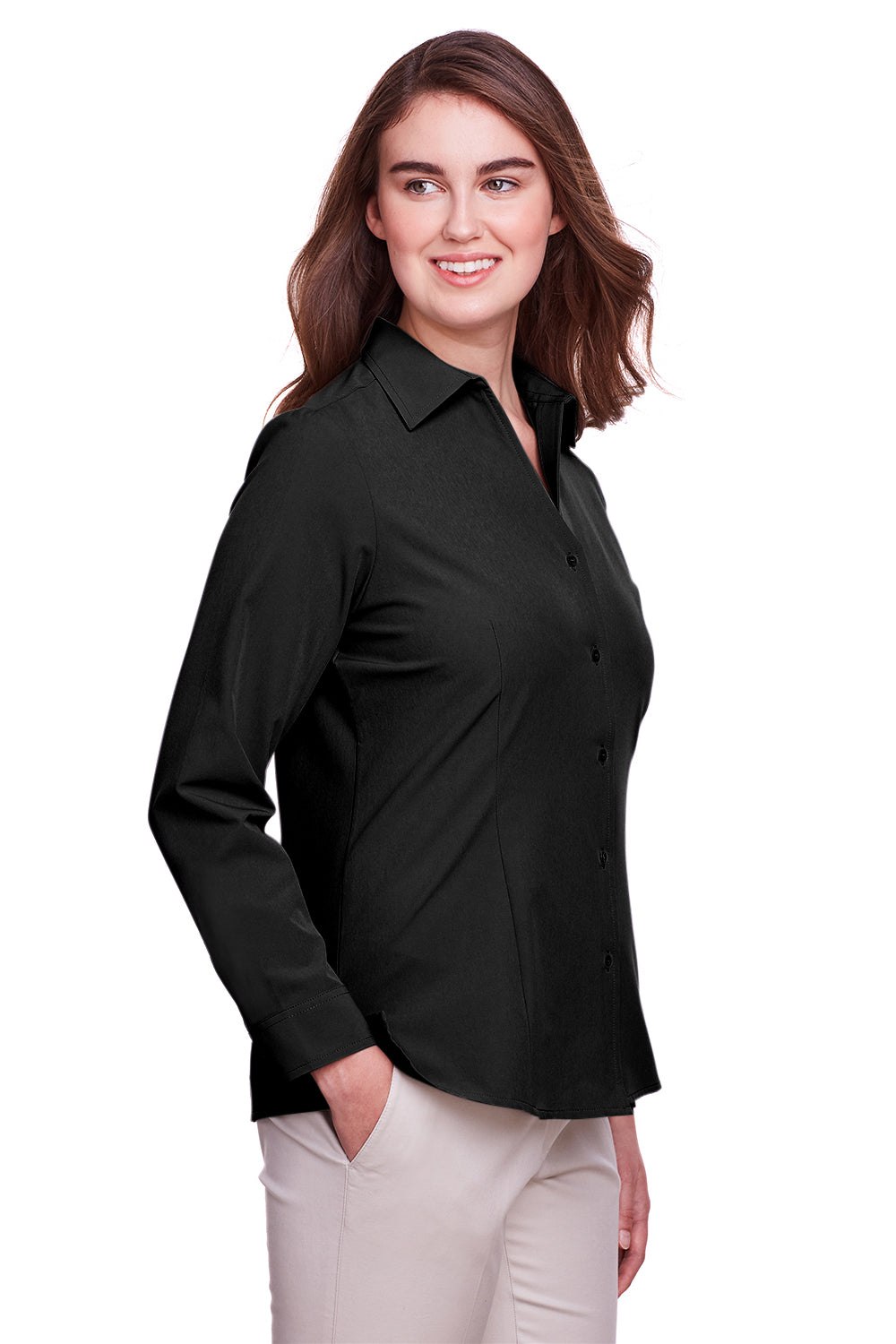 UltraClub UC500W Womens Bradley Performance Moisture Wicking Long Sleeve Button Down Shirt Black Model 3q