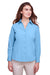 UltraClub UC500W Womens Bradley Performance Moisture Wicking Long Sleeve Button Down Shirt Columbia Blue Model Front