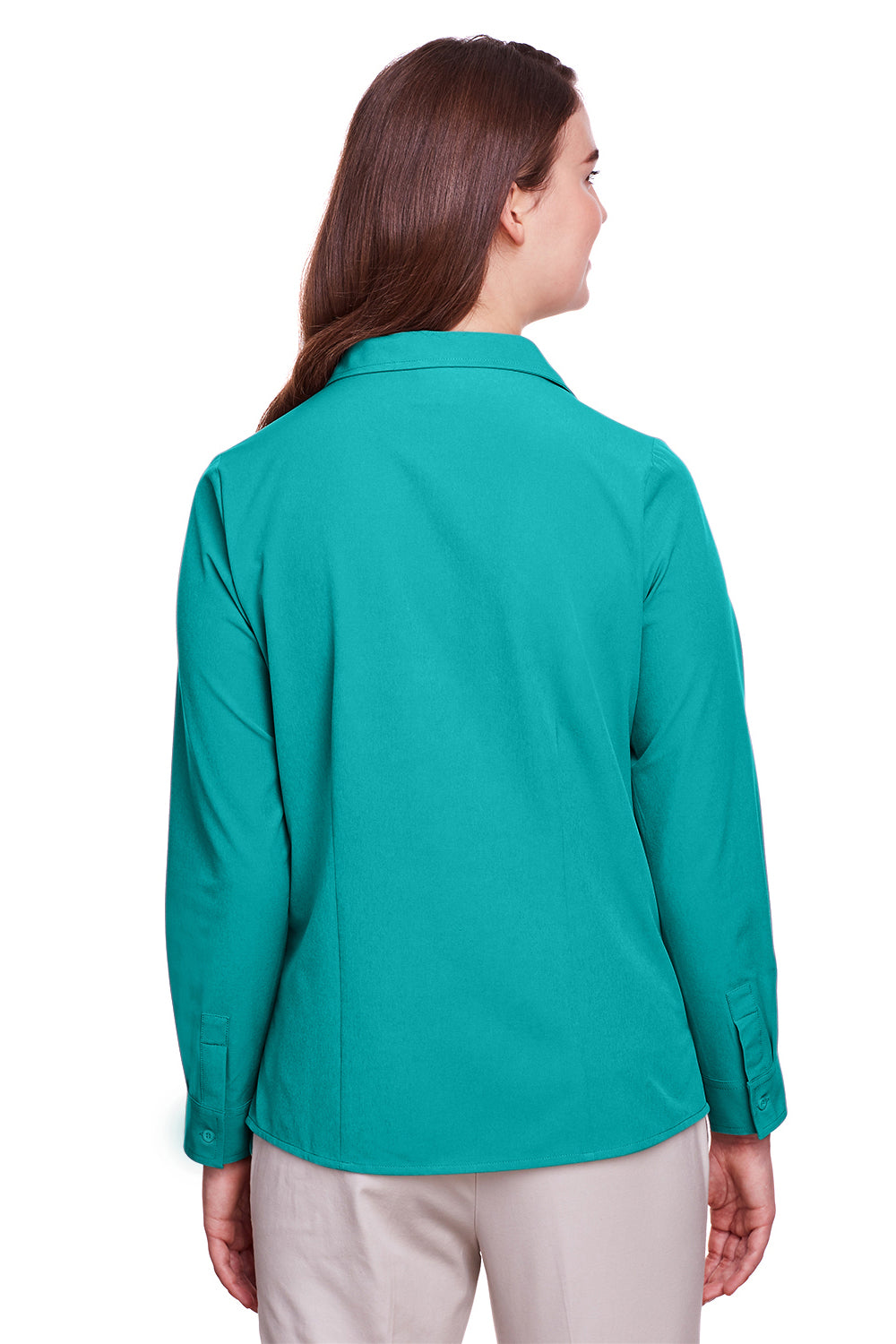 UltraClub UC500W Womens Bradley Performance Moisture Wicking Long Sleeve Button Down Shirt Jade Green Model Back