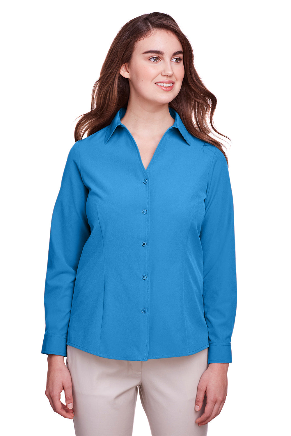 UltraClub UC500W Womens Bradley Performance Moisture Wicking Long Sleeve Button Down Shirt Pacific Blue Model Front