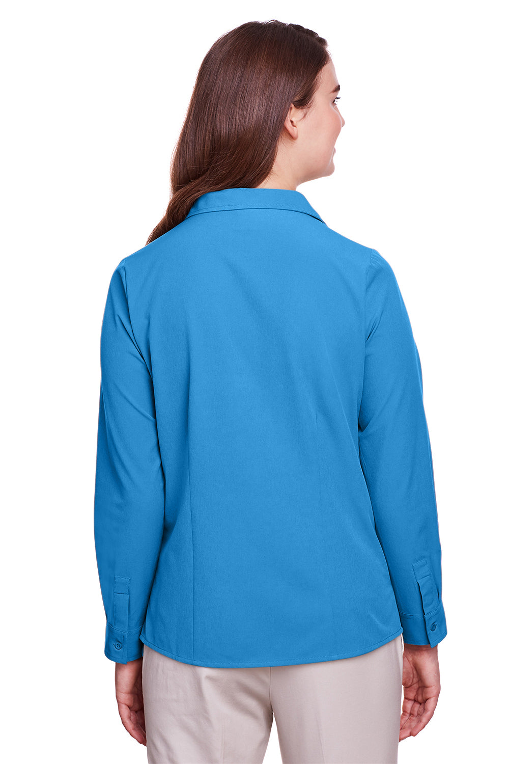 UltraClub UC500W Womens Bradley Performance Moisture Wicking Long Sleeve Button Down Shirt Pacific Blue Model Back