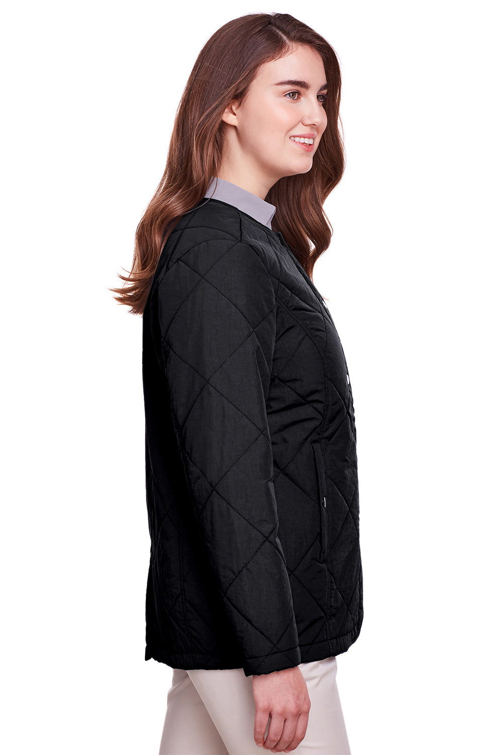 UltraClub UC708W Womens Dawson Quilted Water Resistant Full Zip Jacket Black Model Side