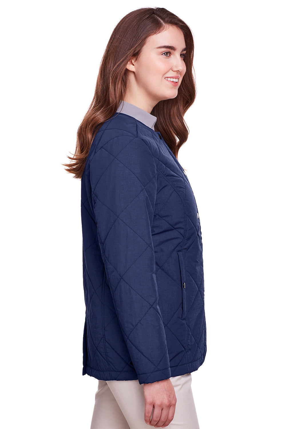 UltraClub UC708W Womens Dawson Quilted Water Resistant Full Zip Jacket Navy Blue Model Side