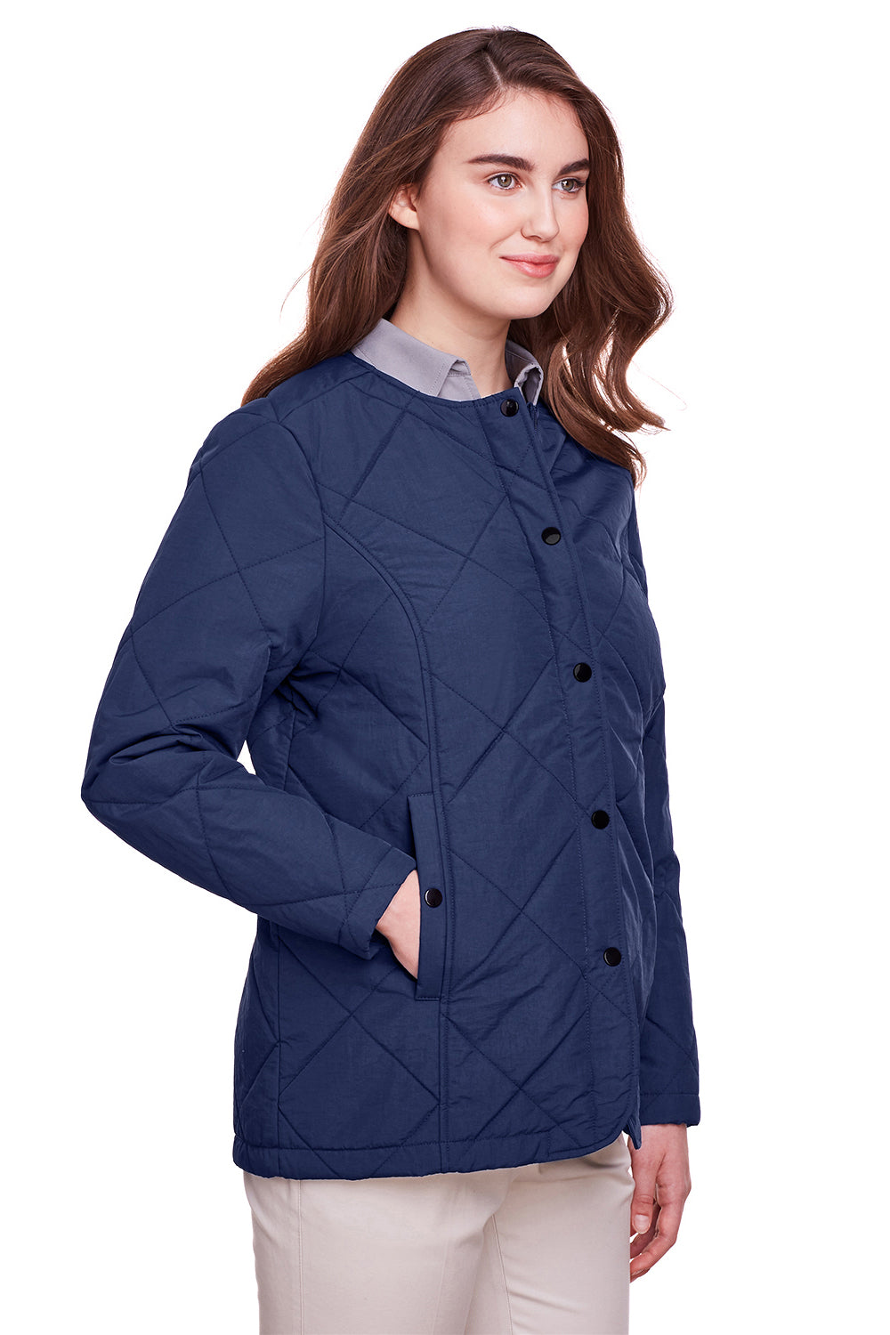 UltraClub UC708W Womens Dawson Quilted Water Resistant Full Zip Jacket Navy Blue Model 3q