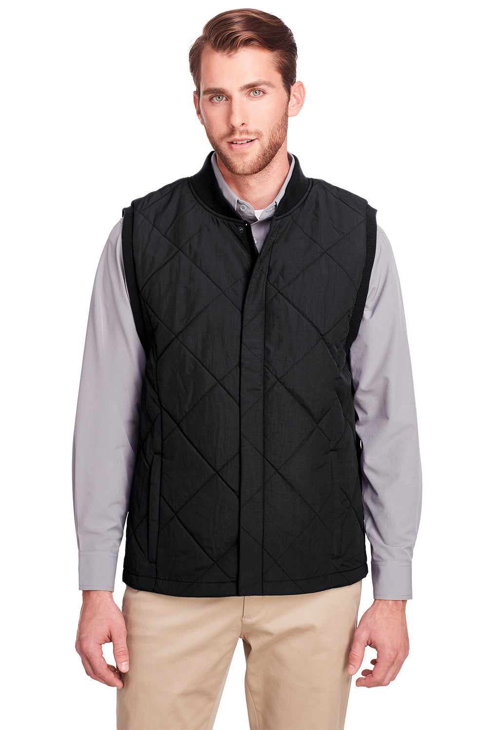 UltraClub UC709 Mens Dawson Water Resistant Quilted Full Zip Vest Black Model Front