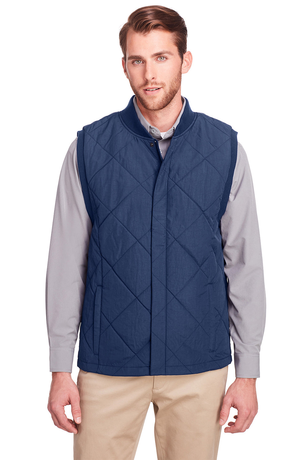 UltraClub UC709 Mens Dawson Water Resistant Quilted Full Zip Vest Navy Blue Model Front