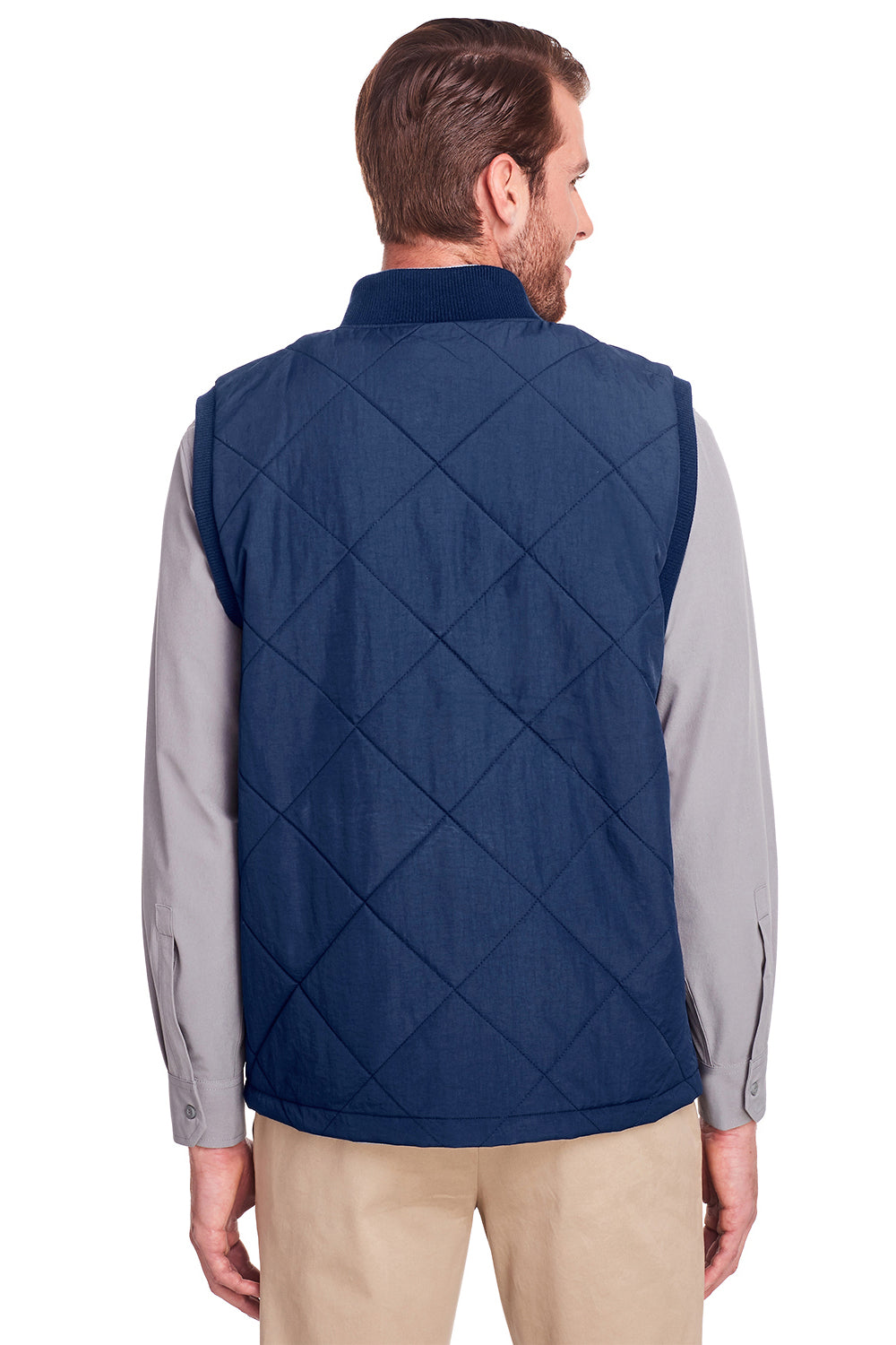 UltraClub UC709 Mens Dawson Water Resistant Quilted Full Zip Vest Navy Blue Model Back