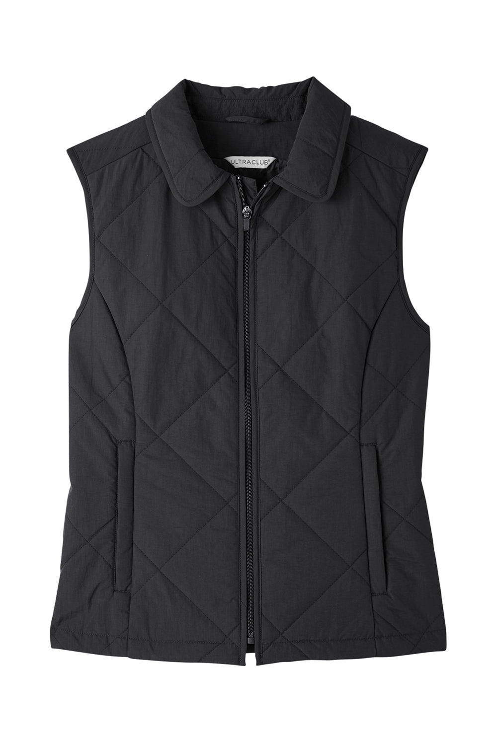 UltraClub UC709W Womens Dawson Quilted Water Resistant Full Zip Vest Black Flat Front