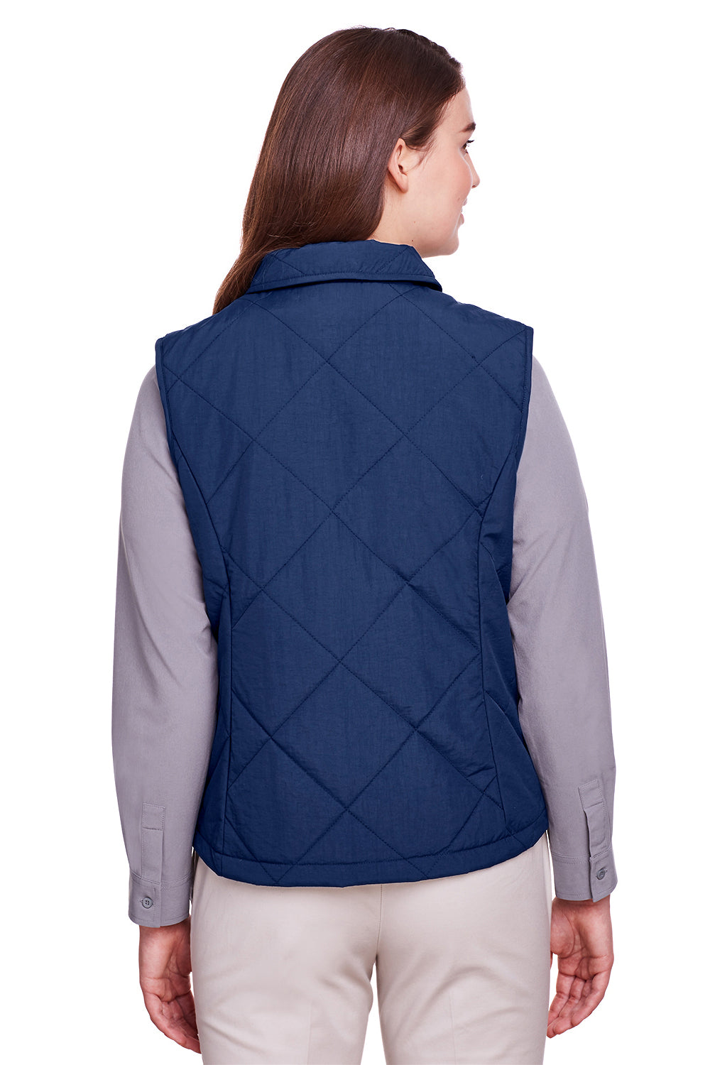 UltraClub UC709W Womens Dawson Quilted Water Resistant Full Zip Vest Navy Blue Model Back