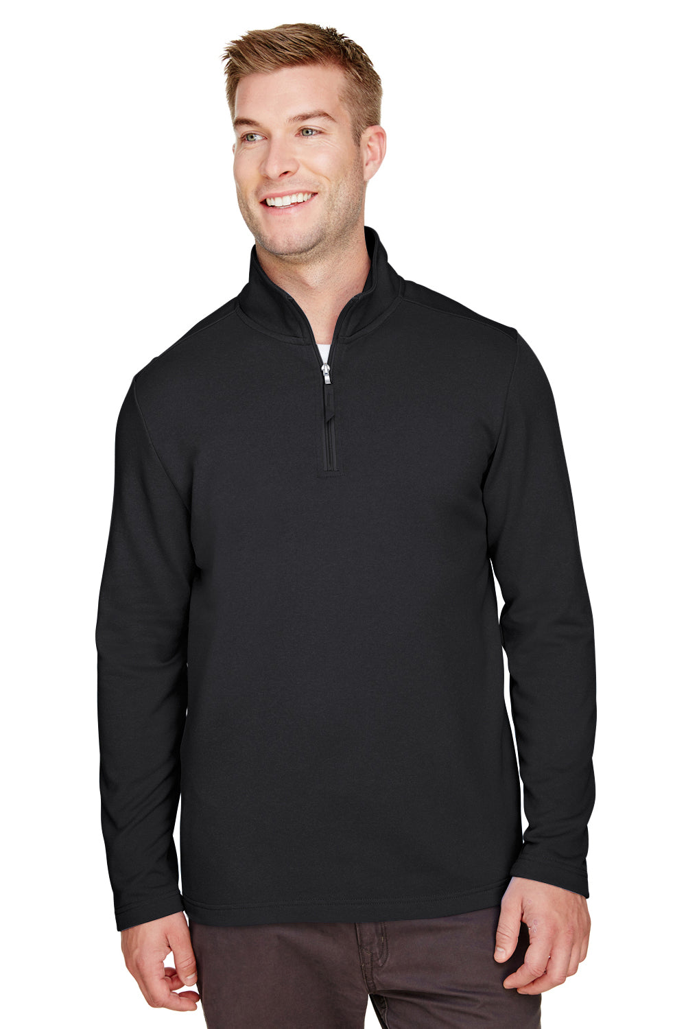 UltraClub UC792 Mens Coastal Performance Moisture Wicking Fleece 1/4 Zip Sweatshirt Black Model Front