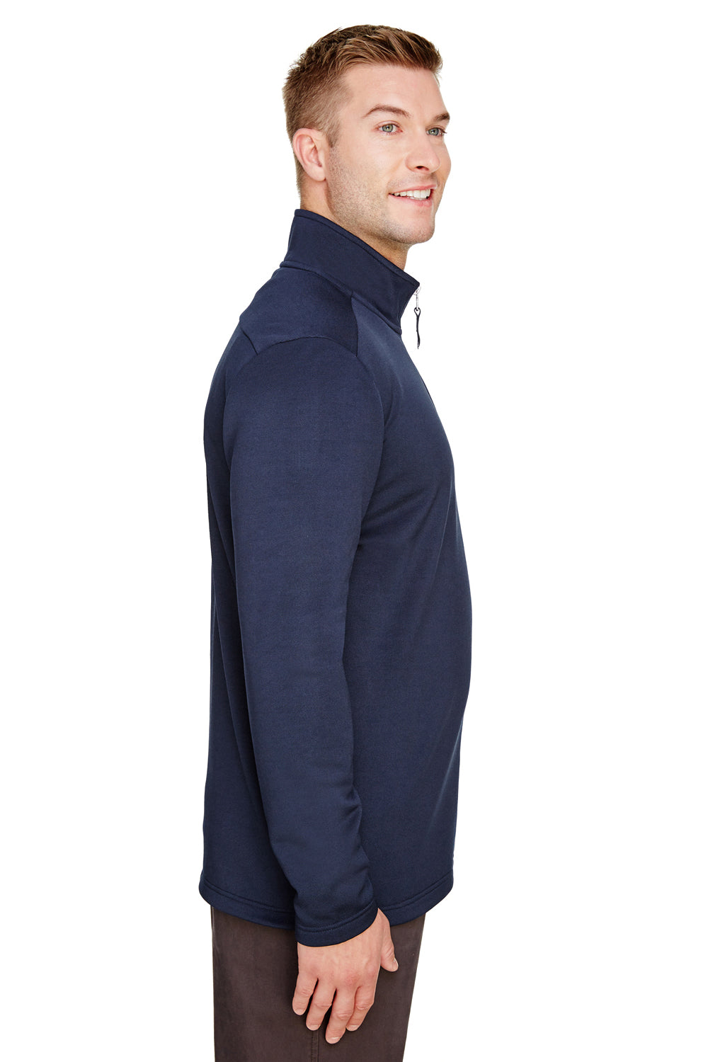 UltraClub UC792 Mens Coastal Performance Moisture Wicking Fleece 1/4 Zip Sweatshirt Navy Blue Model Side