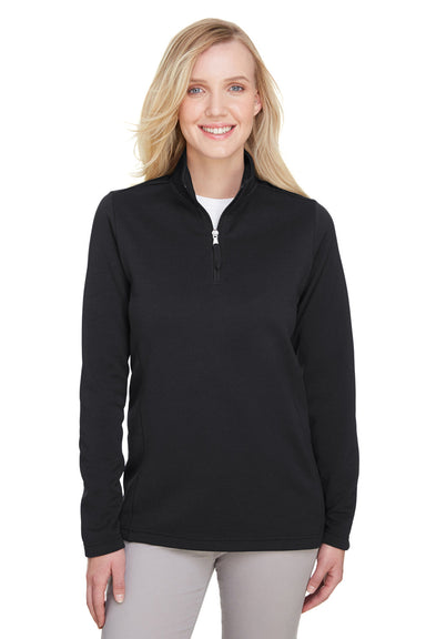 UltraClub UC792W Womens Coastal Performance Moisture Wicking Fleece 1/4 Zip Sweatshirt Black Model Front