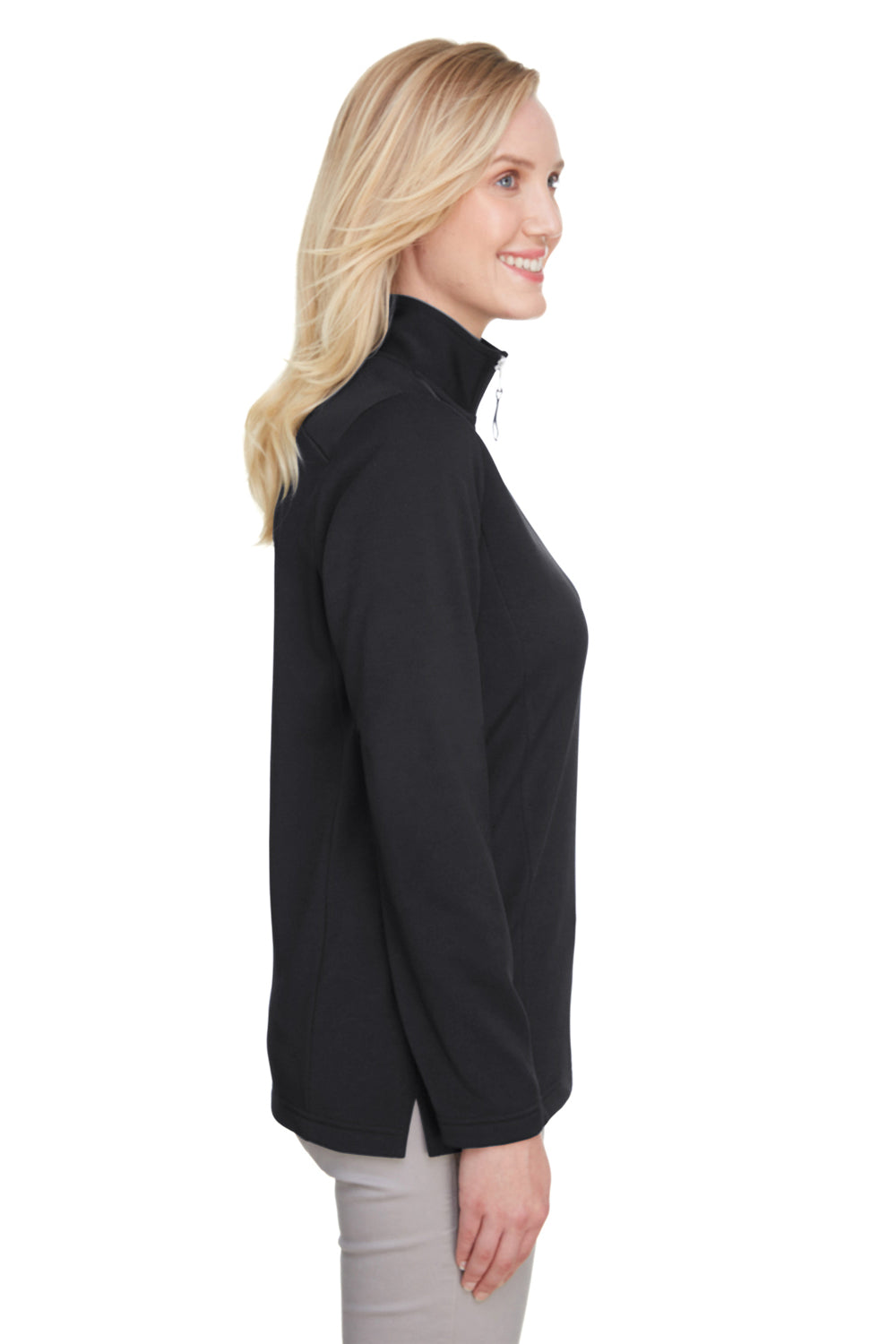 UltraClub UC792W Womens Coastal Performance Moisture Wicking Fleece 1/4 Zip Sweatshirt Black Model Side