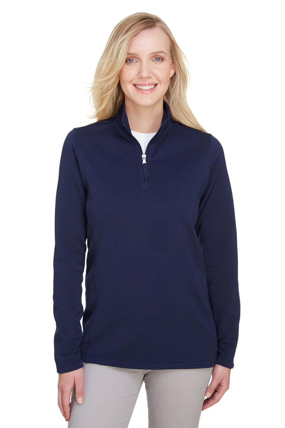 UltraClub UC792W Womens Coastal Performance Moisture Wicking Fleece 1/4 Zip Sweatshirt Navy Blue Model Front