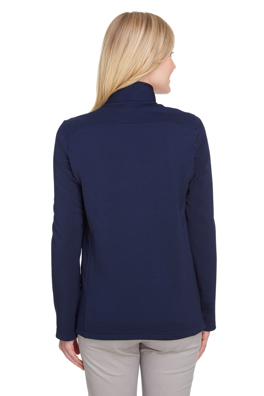 UltraClub UC792W Womens Coastal Performance Moisture Wicking Fleece 1/4 Zip Sweatshirt Navy Blue Model Back