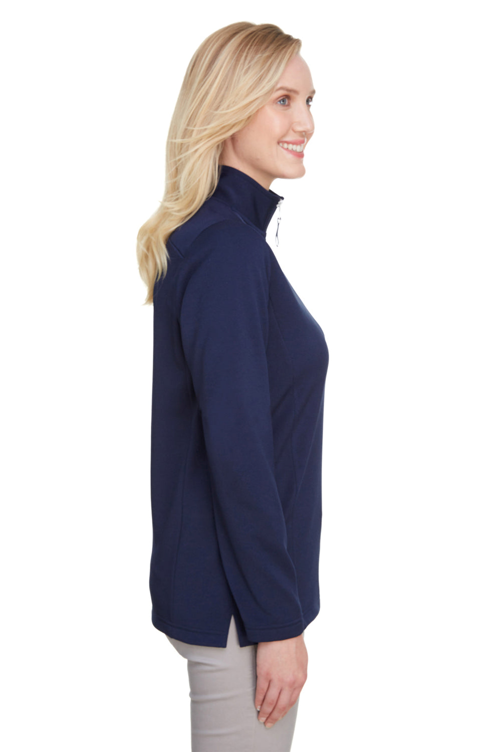 UltraClub UC792W Womens Coastal Performance Moisture Wicking Fleece 1/4 Zip Sweatshirt Navy Blue Model Side