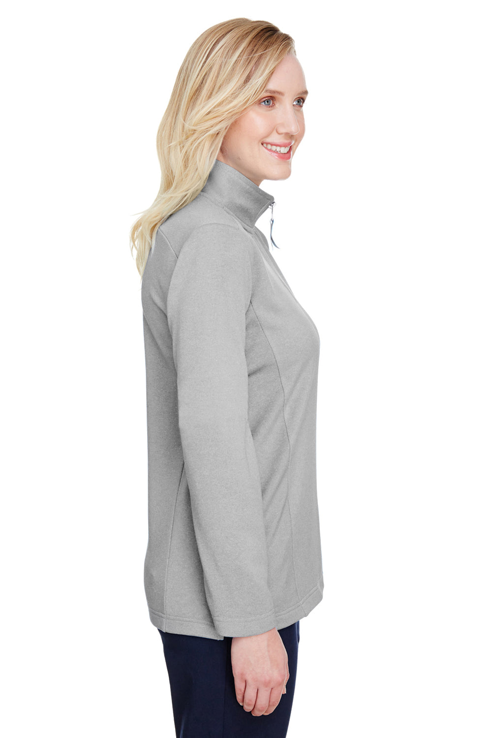 UltraClub UC792W Womens Coastal Performance Moisture Wicking Fleece 1/4 Zip Sweatshirt Heather Silver Grey Model Side