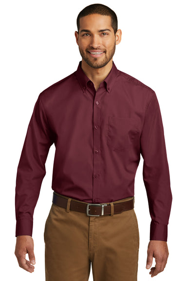 Port Authority W100/TW100 Mens Carefree Stain Resistant Long Sleeve Button Down Shirt w/ Pocket Burgundy Model Front