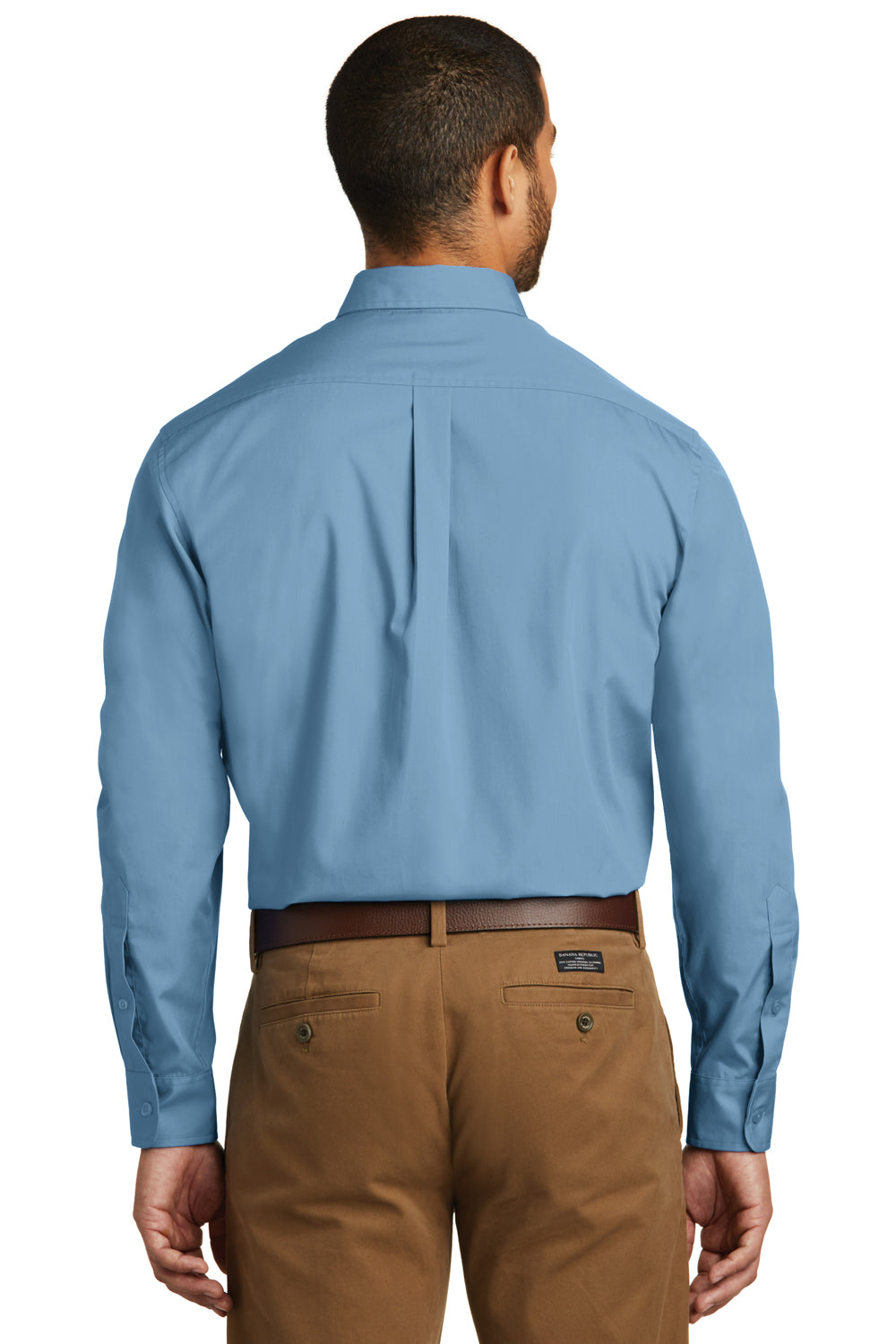 Port Authority W100/TW100 Mens Carefree Stain Resistant Long Sleeve Button Down Shirt w/ Pocket Carolina Blue Model Back