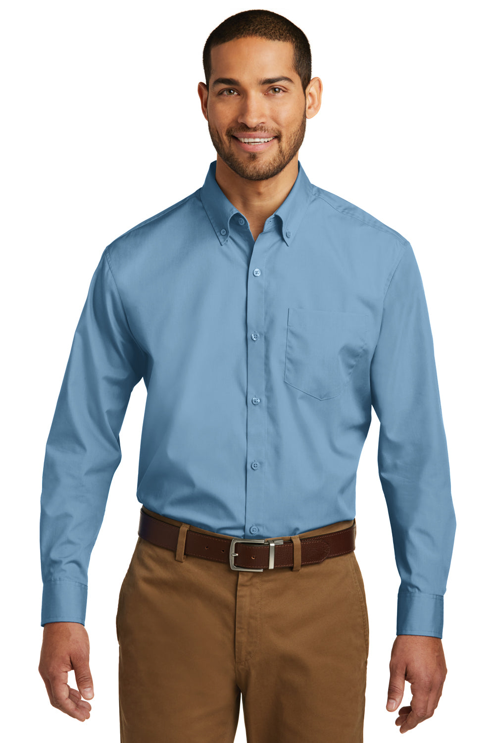 Port Authority W100/TW100 Mens Carefree Stain Resistant Long Sleeve Button Down Shirt w/ Pocket Carolina Blue Model Front