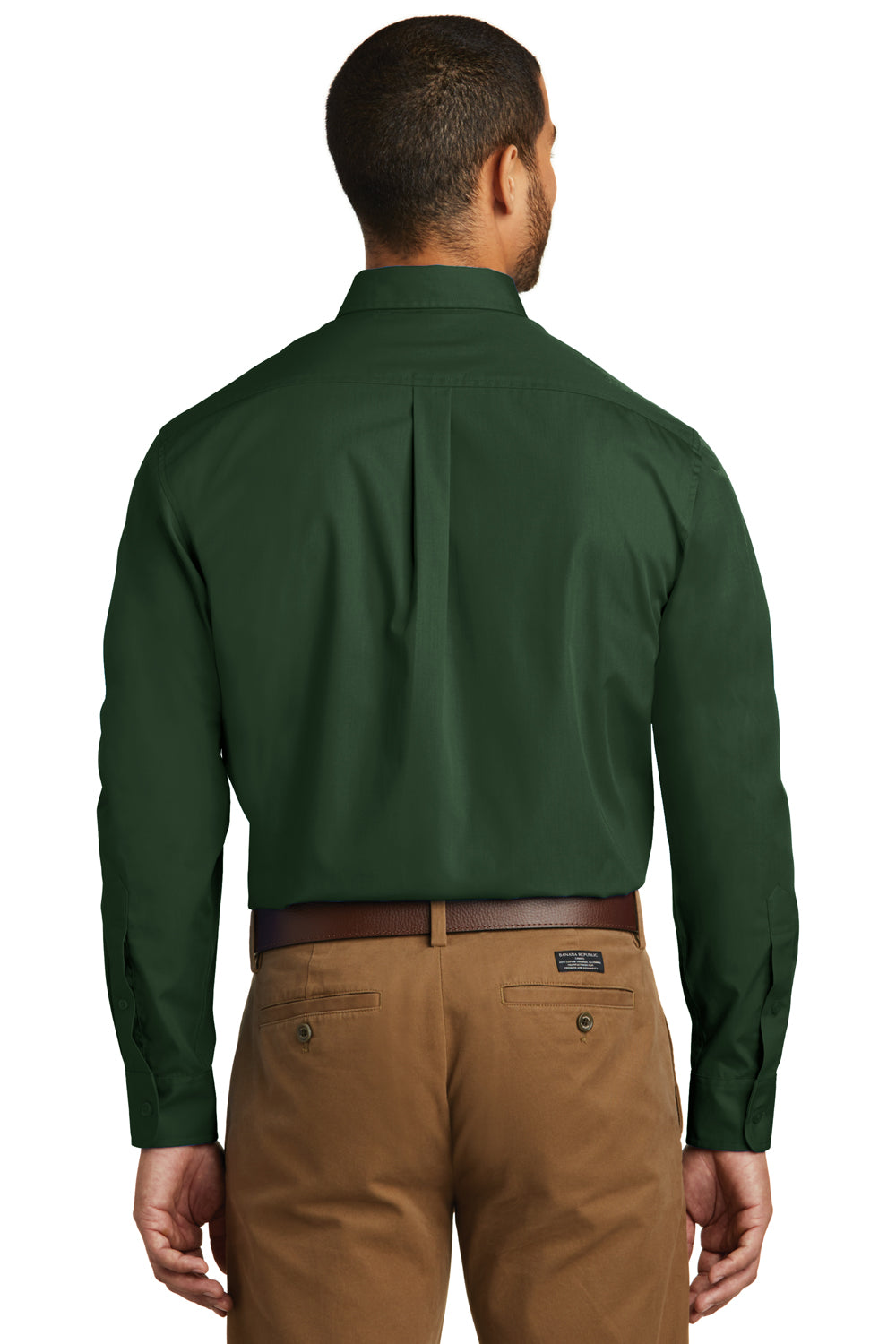 Port Authority W100/TW100 Mens Carefree Stain Resistant Long Sleeve Button Down Shirt w/ Pocket Deep Forest Green Model Back