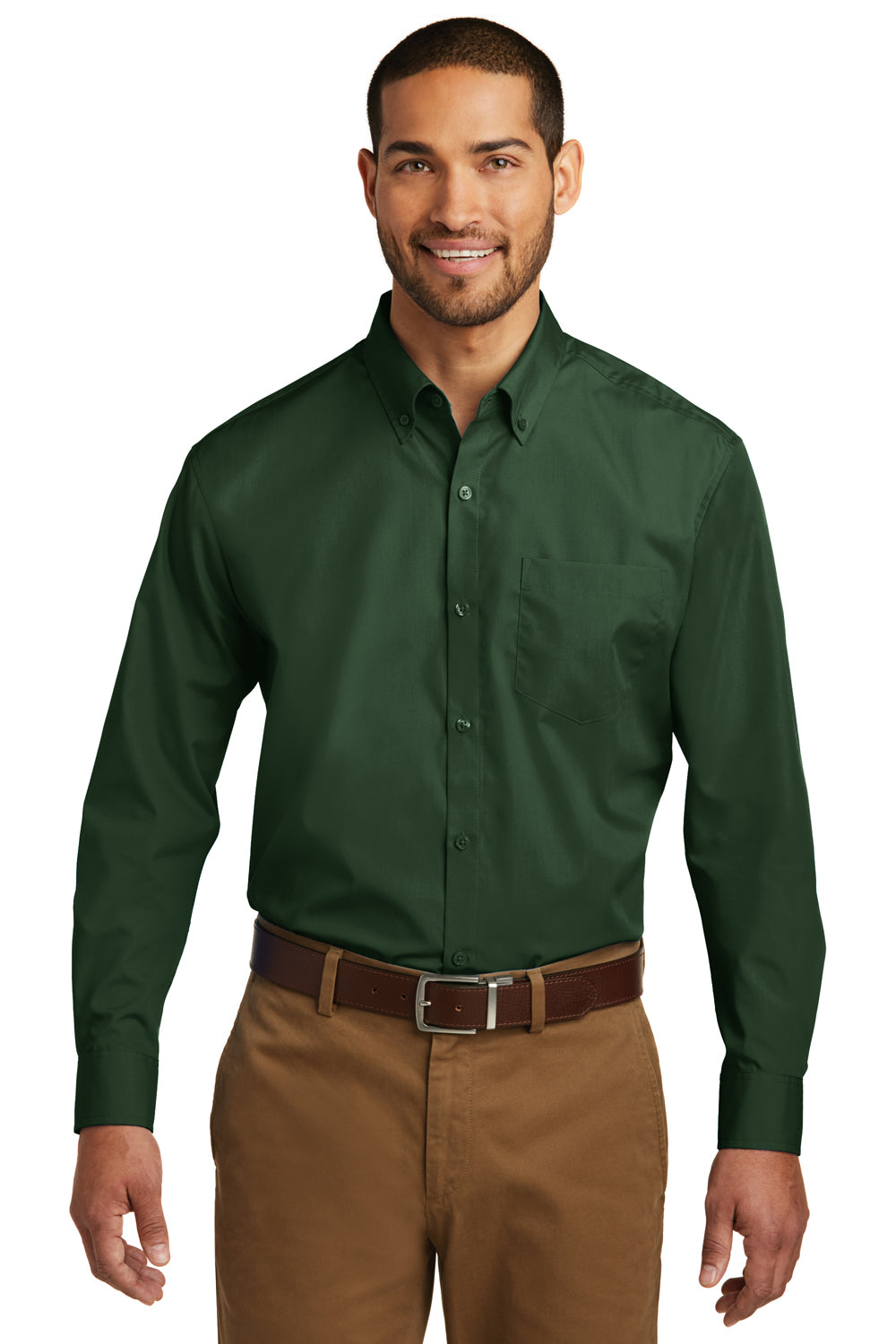 Port Authority W100/TW100 Mens Carefree Stain Resistant Long Sleeve Button Down Shirt w/ Pocket Deep Forest Green Model Front