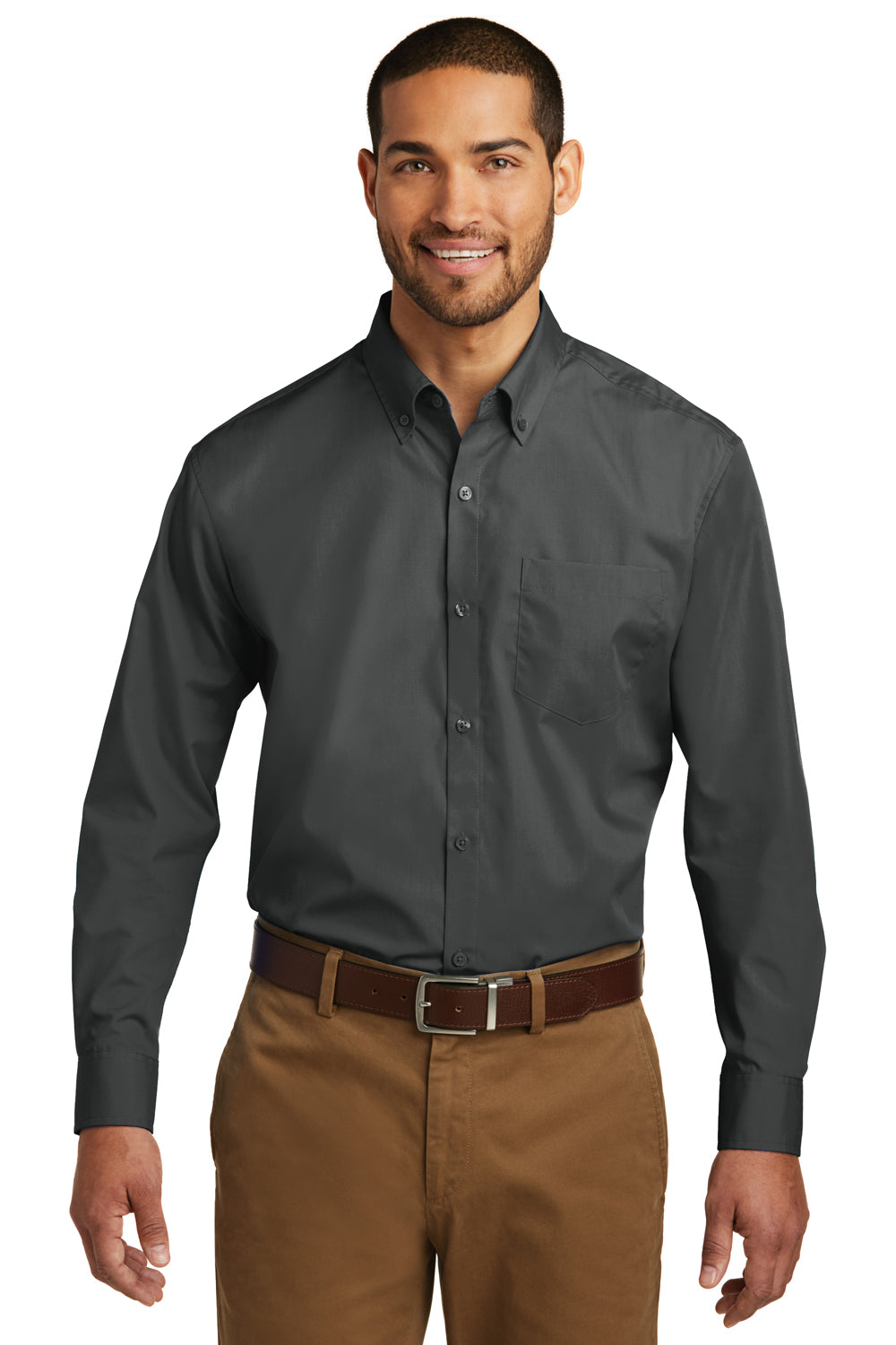 Port Authority W100/TW100 Mens Carefree Stain Resistant Long Sleeve Button Down Shirt w/ Pocket Graphite Grey Model Front