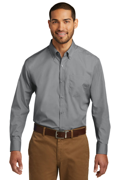 Port Authority W100/TW100 Mens Carefree Stain Resistant Long Sleeve Button Down Shirt w/ Pocket Gusty Grey Model Front